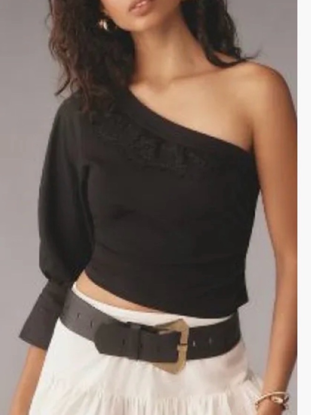 By Anthropologie Black One-Shoulder Lace Trim Top